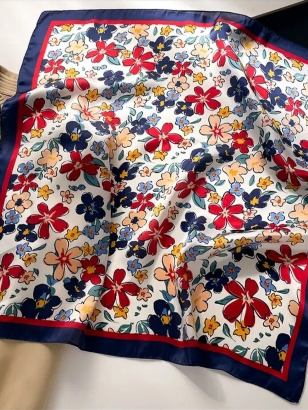 Floral Silk Scarf in Red, Navy & Cream